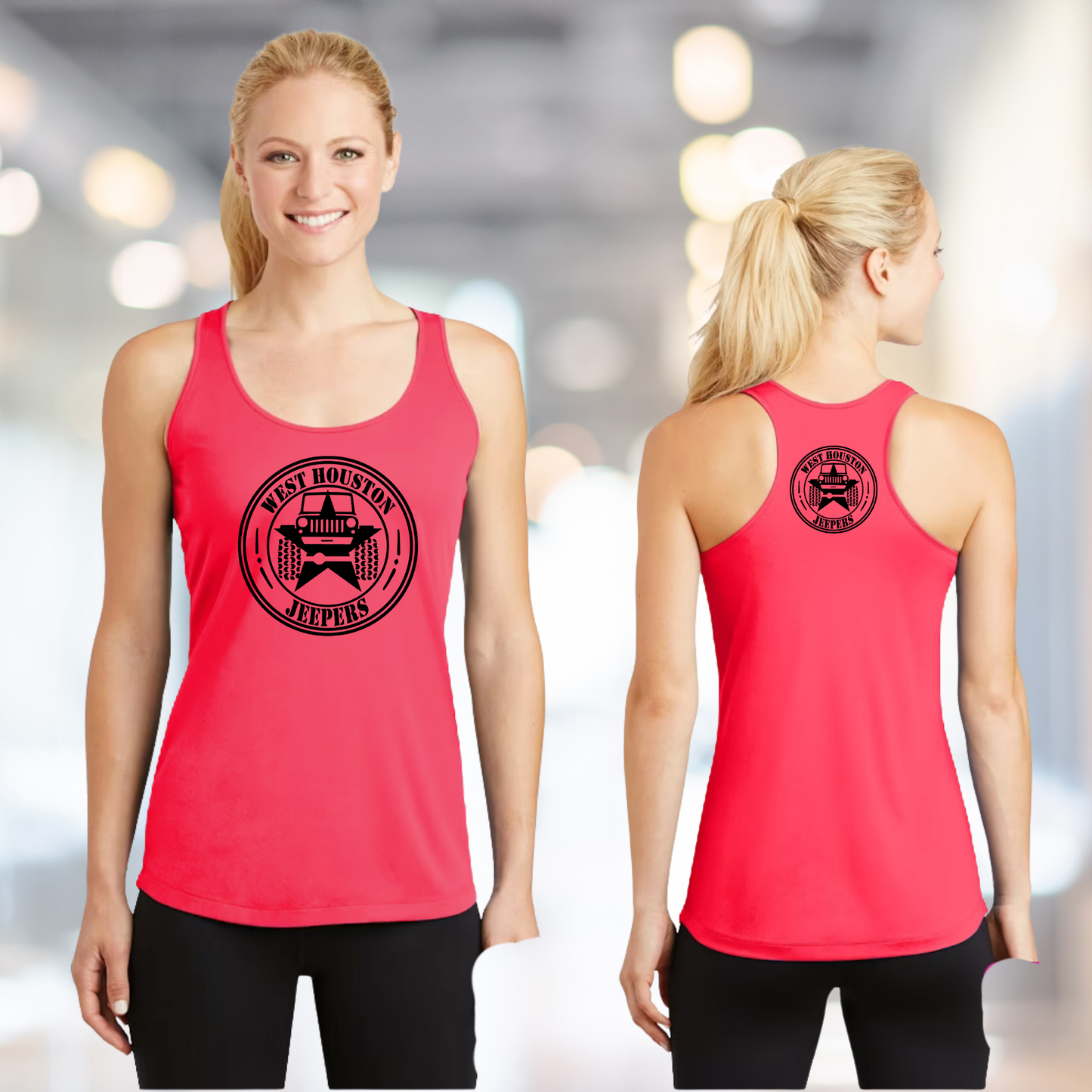 West Houston Jeepers (WHJ) Logo Shirt - Hot Coral Sport-Tek Women's Racerback PosiCharge Tee