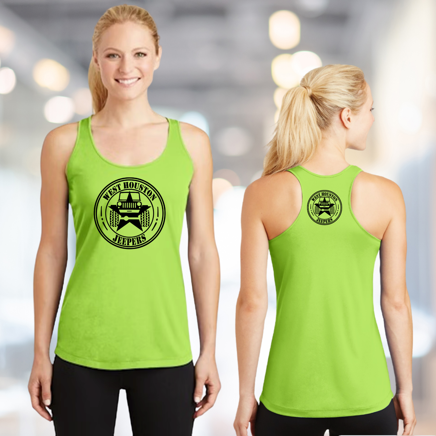 West Houston Jeepers (WHJ) Logo Shirt - Lime Shock Green Sport-Tek Women's Racerback PosiCharge Tee