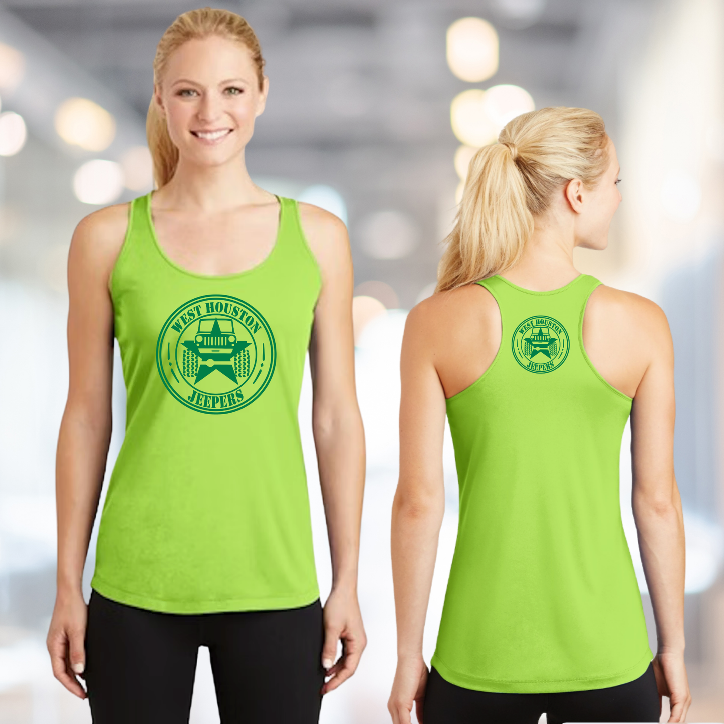 West Houston Jeepers (WHJ) Logo Shirt - Lime Shock Green Sport-Tek Women's Racerback PosiCharge Tee