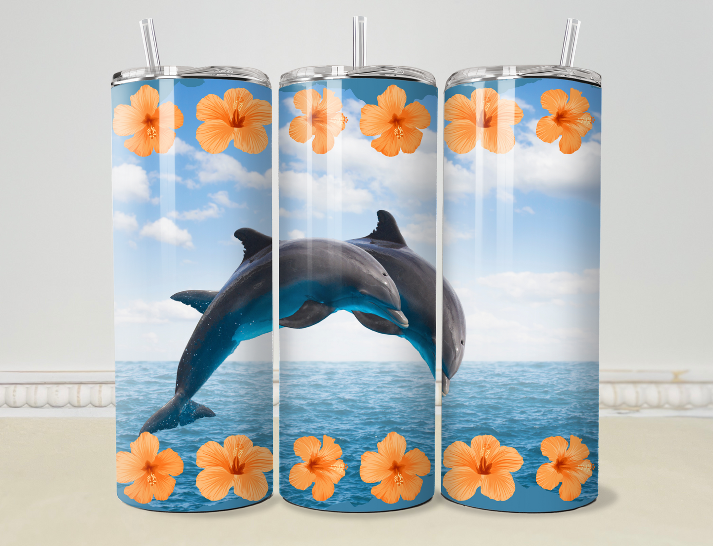 Personalized Jumping Dolphin and Hibiscus 20oz/30oz Skinny Tumbler / Cup OR Can Koozie