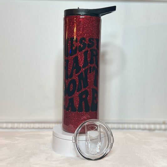 Skinny 30oz Red Glitter “Messy Hair, Don't Care” Dual Lid Epoxy Resin Tumbler Cup