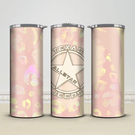 Texas Allstar Jeeps Peachy/Pink Leopard 20oz/30oz Skinny Tumbler / Cup OR Can Koozie