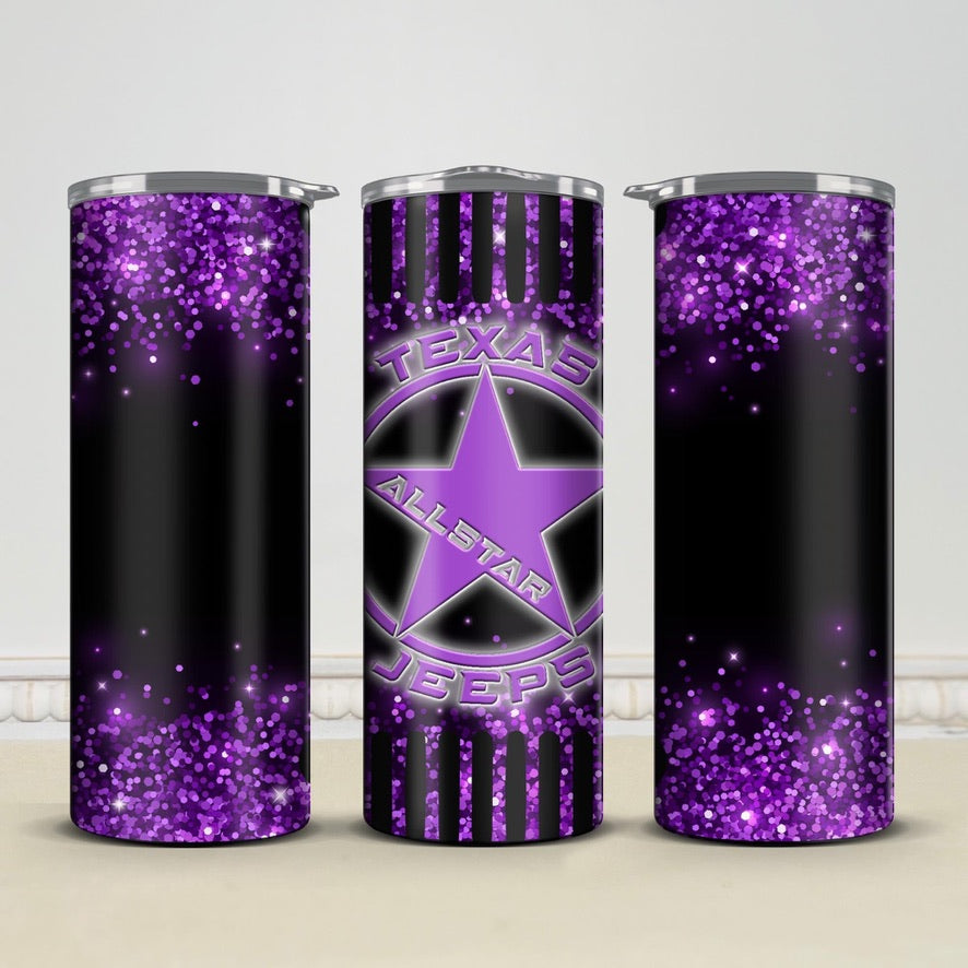 Texas Allstar Jeeps Purple Glitter 20oz/30oz Skinny Tumbler / Cup OR Can Koozie