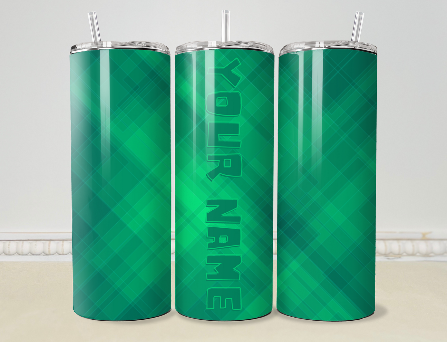 Green Plaid Custom Name 20oz / 30oz Tumbler/Cup OR 4 in 1 Can Koozie