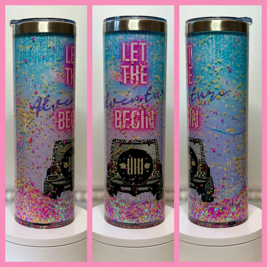 “Let the Adventure Begin” Pastel Leopard Jeep Inspired Snow Globe 20oz Skinny Tumbler / Cup