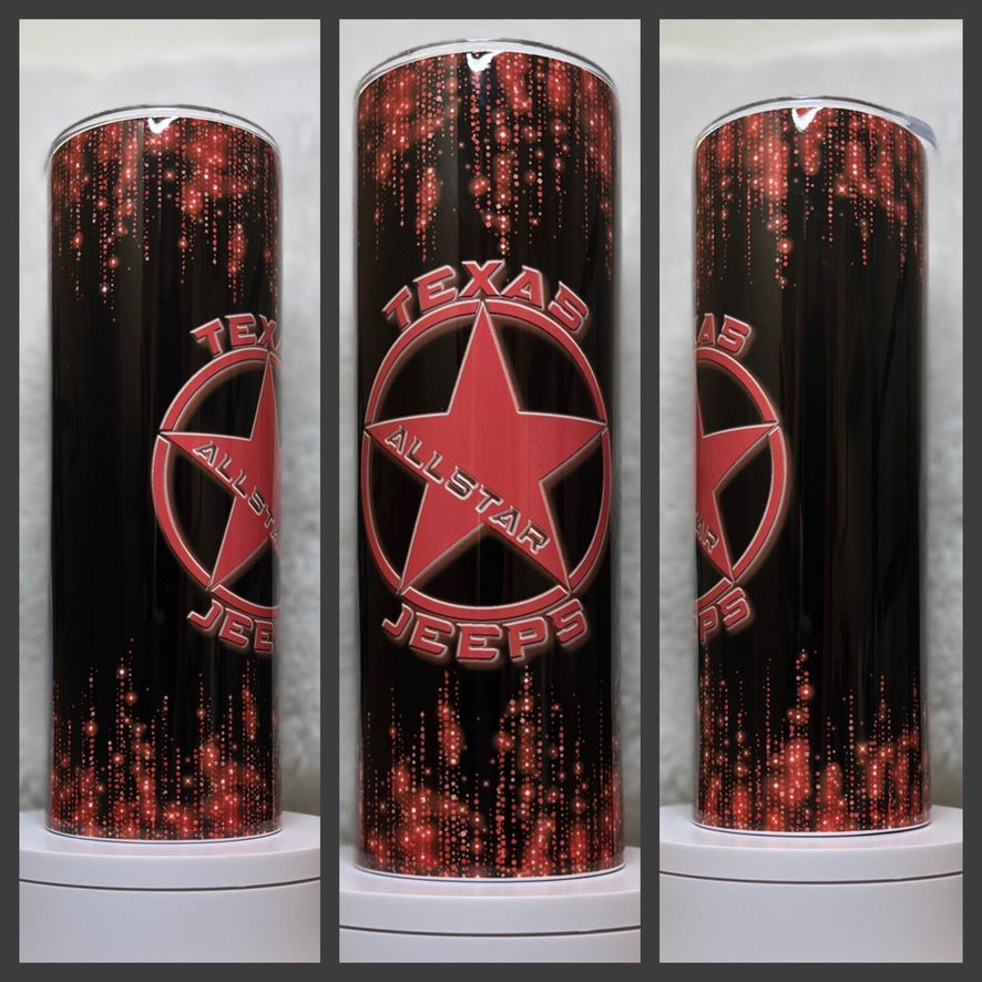 Texas Allstar Jeeps Red Glitter 20oz/30oz Skinny Tumbler / Cup OR Can Koozie