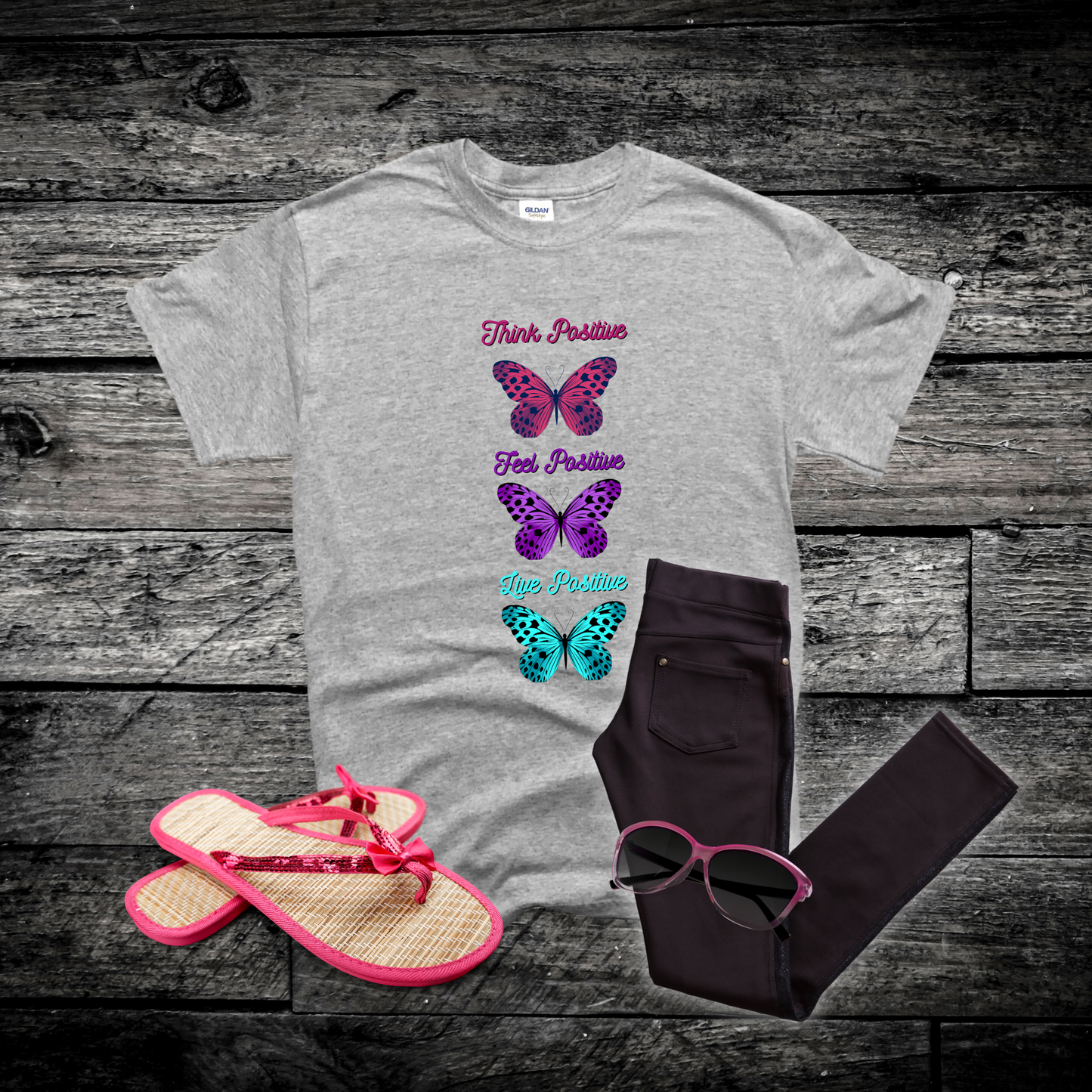 "Think Positive, Feel Positive, Live Positive" Butterfly Inspirational / Positive Quote Shirt