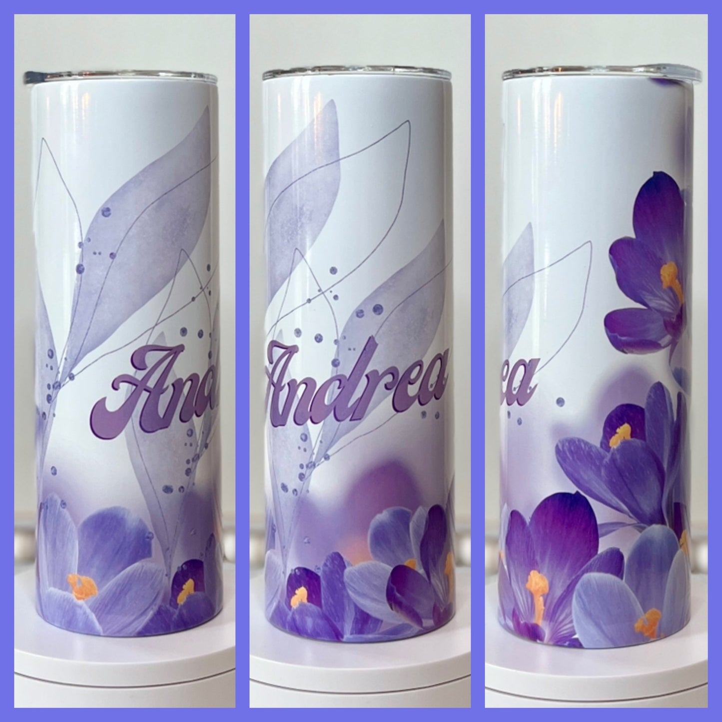 Purple Flower Custom Name 20oz/30oz Skinny Tumbler / Cup OR Can Koozie