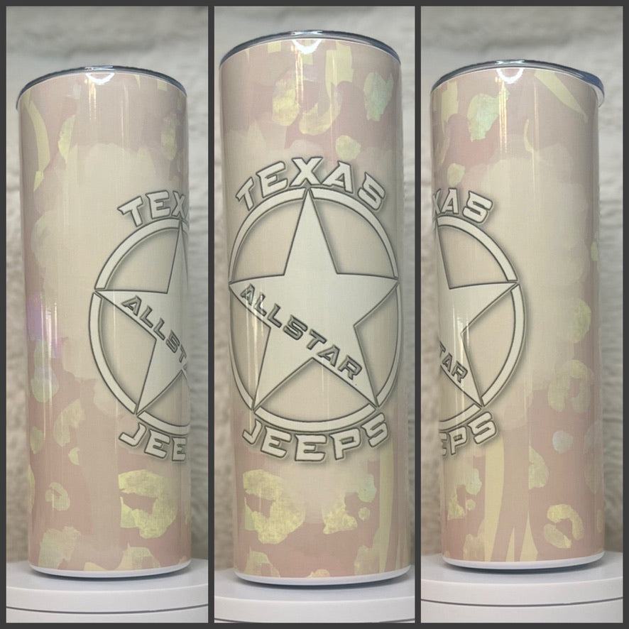 Texas Allstar Jeeps Peachy/Pink Leopard 20oz/30oz Skinny Tumbler / Cup OR Can Koozie