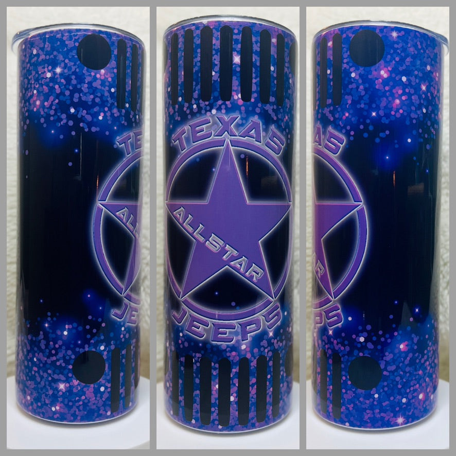 Texas Allstar Jeeps Purple Glitter 20oz/30oz Skinny Tumbler / Cup OR Can Koozie