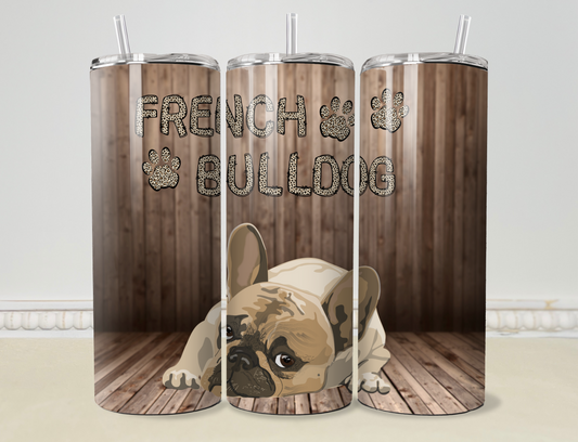 Leopard/Cheetah Wood Grain French Bulldog 20oz/30oz Skinny Tumbler / Cup OR Can Koozie