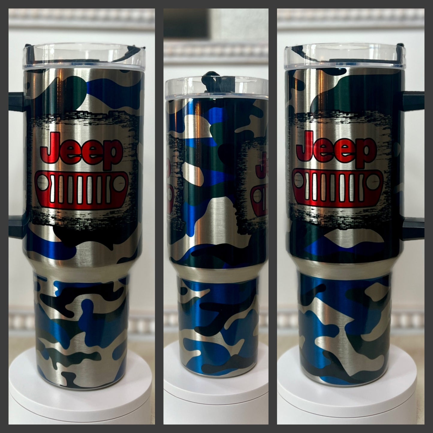 Blue Camouflage Sublimated Clear Stainless Steel Jeep Inspired 40oz Dupe Cup/Tumbler