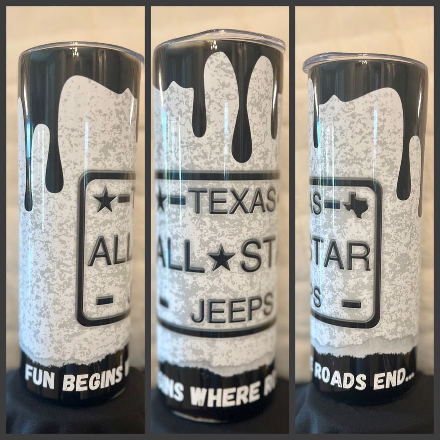 Texas Allstar Jeeps License Plate 20oz/30oz Skinny Tumbler / Cup OR Can Koozie