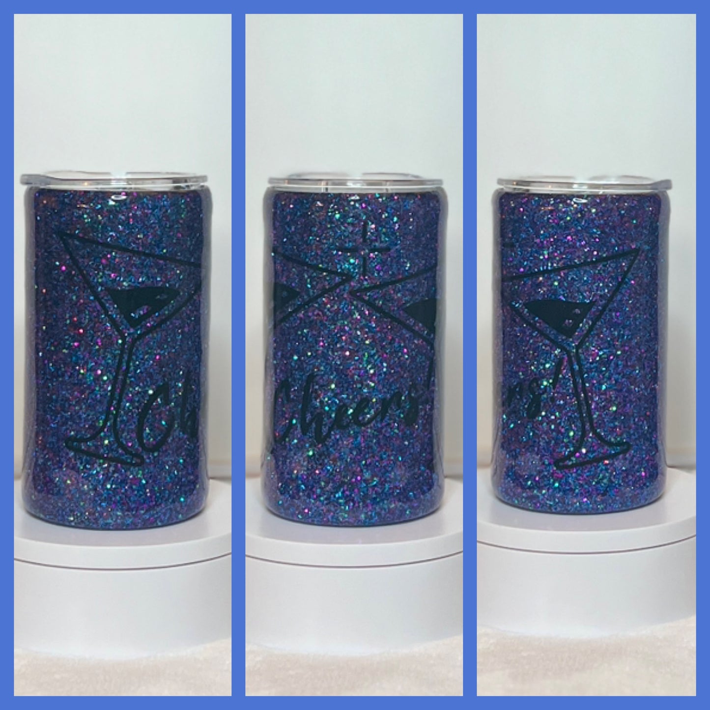 Skinny 12oz Blue Glitter “Cheers” Martini/Cocktail Glass Epoxy Resin Tumbler Cup