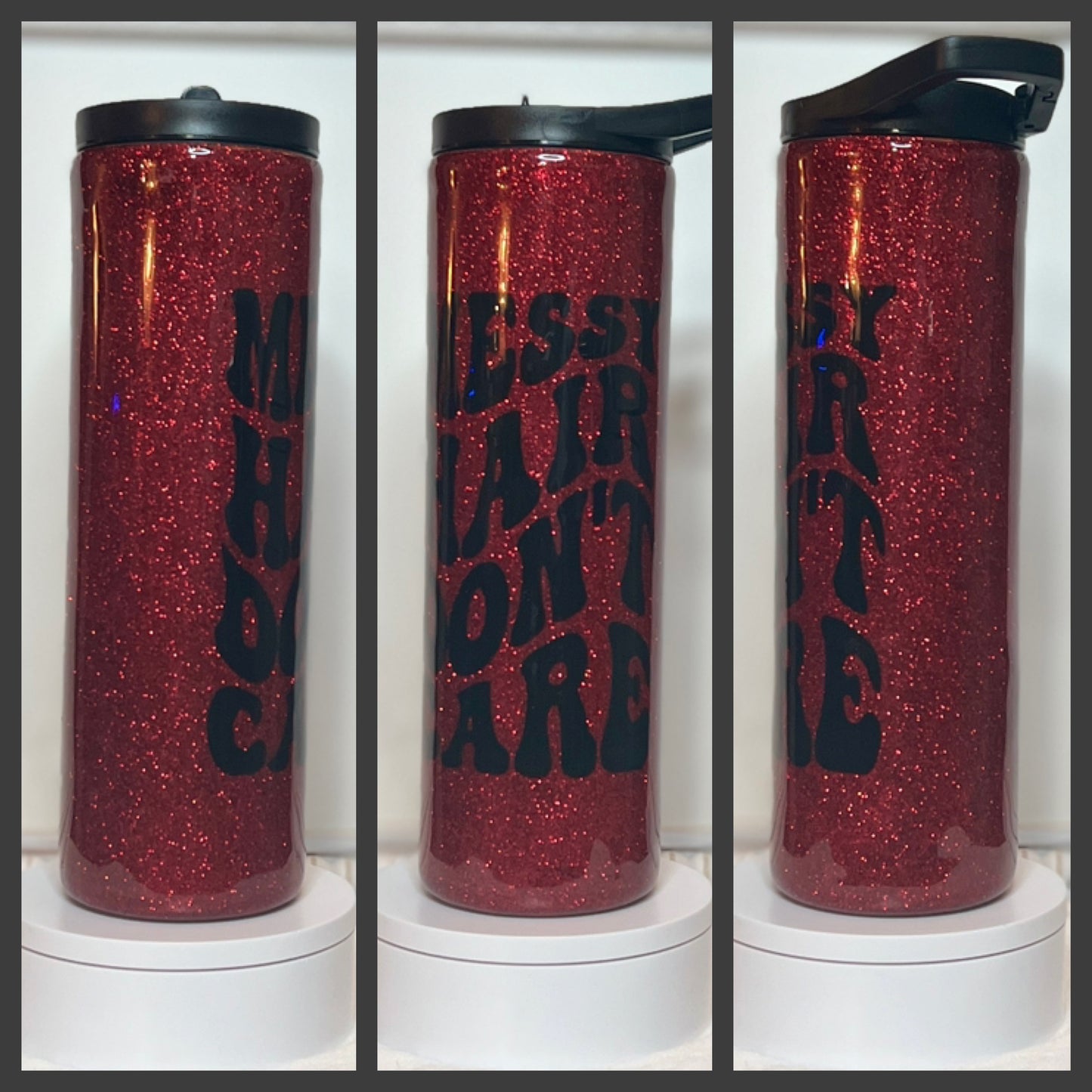 Skinny 30oz Red Glitter “Messy Hair, Don't Care” Dual Lid Epoxy Resin Tumbler Cup