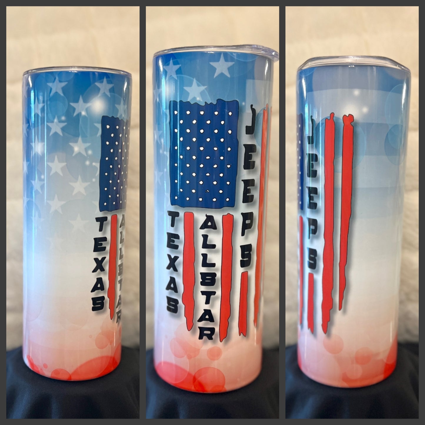 Texas Allstar Jeeps Vertical Flag 20oz/30oz Skinny Tumbler / Cup OR Can Koozie