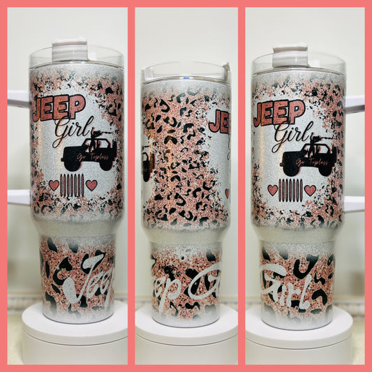 Glitter Pink Glitter Jeep Inspired 20oz or 40oz Sublimated Tumbler / Dupe Cup with handle