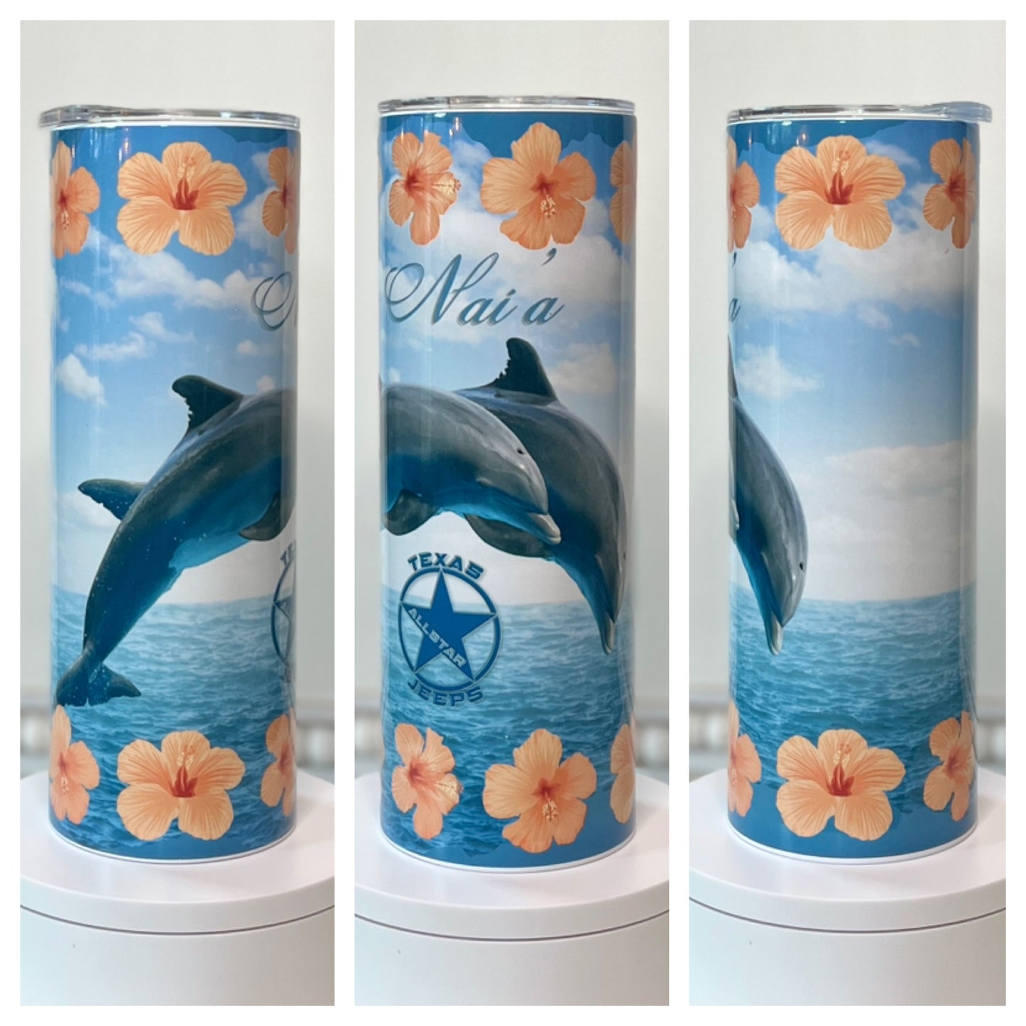 Personalized Jumping Dolphin and Hibiscus 20oz/30oz Skinny Tumbler / Cup OR Can Koozie