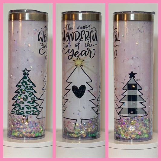 Black and White Plain and Leopard Christmas Tree Christmas 20oz Skinny Snow Globe Tumbler / Cup