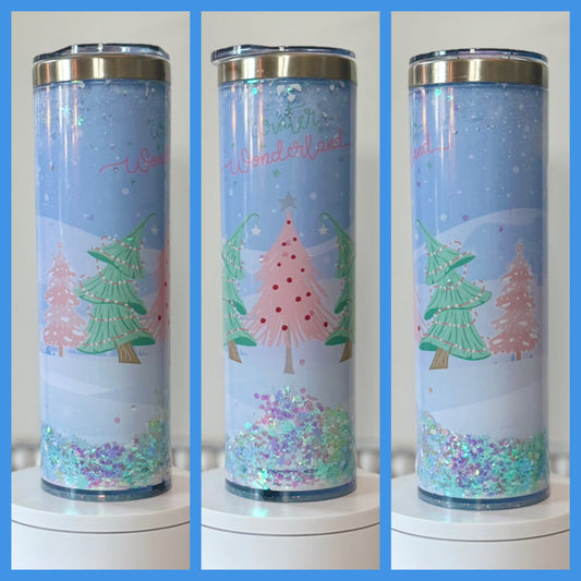 Pink Christmas Tree Christmas 20oz Skinny Snow Globe Tumbler / Cup