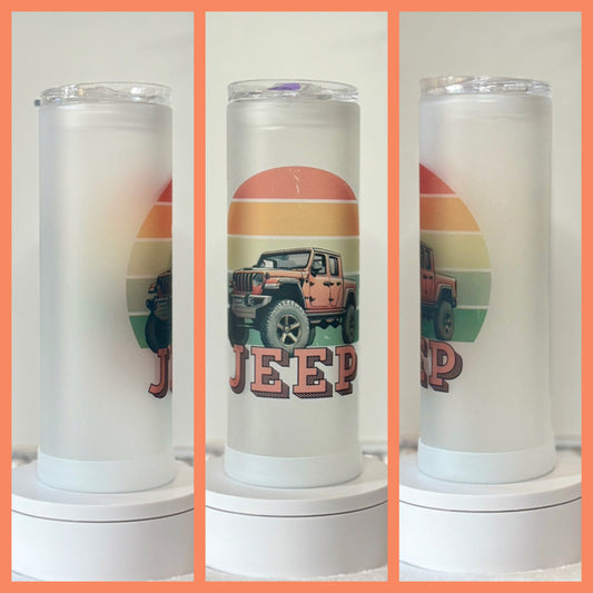 Retro Jeep Gladiator Inspired Sunset Frosted 20oz Dual Lid Glass Tumbler