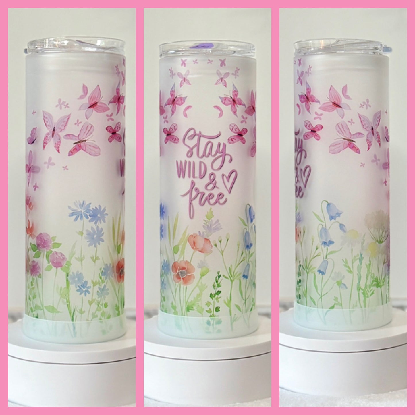 Stay Wild and Free Floral Frosted 20oz Dual Lid Glass Tumbler