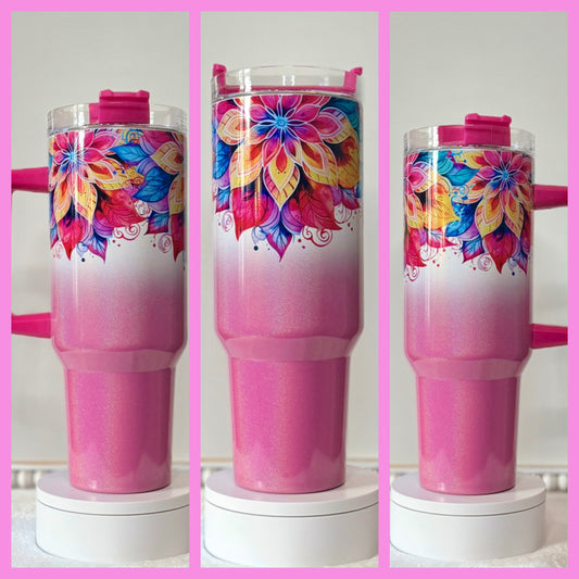 Handmade 40oz Sublimated Pink Glitter Ombre Flower Dupe Cup/Tumbler